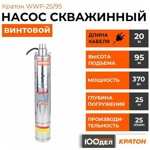 Скважинный насос Кратон WWP-25/95 (370 Вт) насос скважинный tim am qgd3 5 1 2 50 0 37 винтовой 370 вт напор 95 м 25 л мин