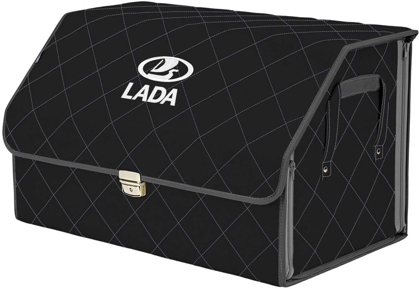 Органайзер-саквояж в багажник "Союз Премиум" (размер XL). Цвет: черный с серой прострочкой Ромб и вышивкой LADA (лада).