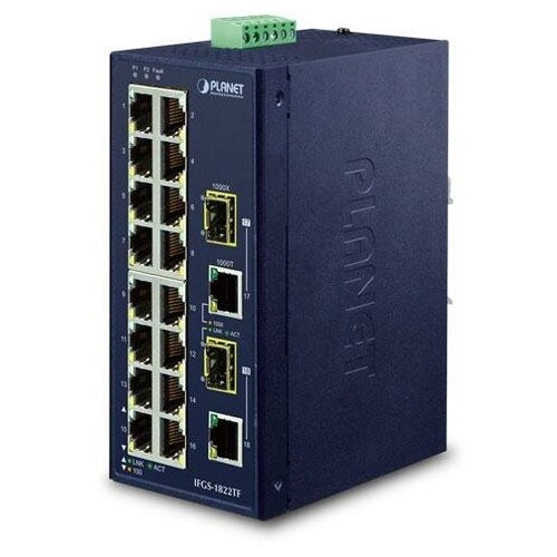 PLANET IFGS-1822TF IP30 Industrial 16-Port 10/100TX + 2-Port Gigabit TP/SFP Combo Ethernet Switch (-40~75C, dual redundant power input on 12-48VDC / 2