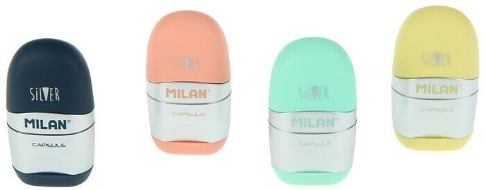 Точилка Milan Capsule Silver, 1 отверстие с контейнером, с ластиком, микс