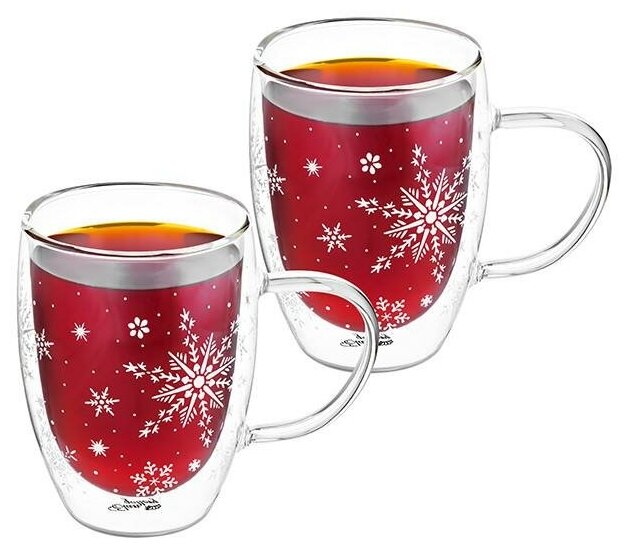 Кружка / чашка для чая /кофе 2 шт 350 мл Elan Gallery Снежинки с белым узором и двойными стенками, стекло, набор - фотография № 1