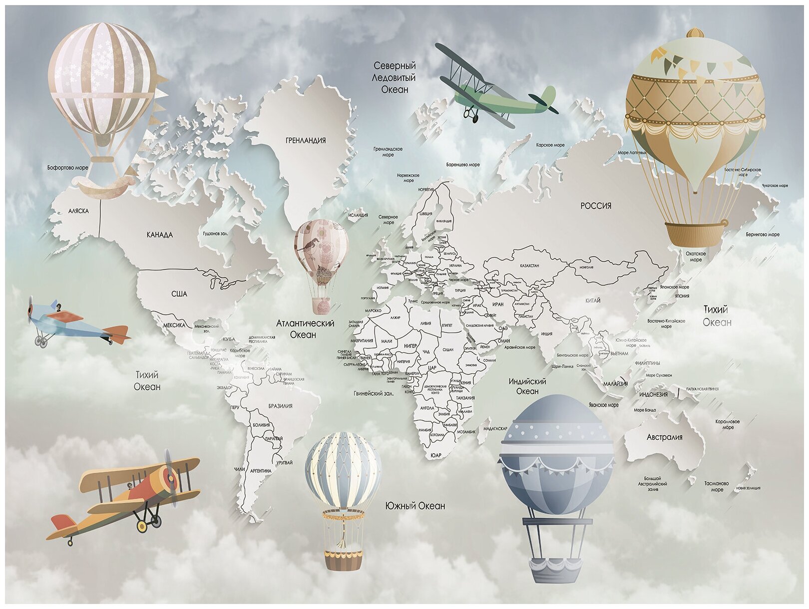 Фотообои виниловые на флизелиновой основе Polimar "Карта мира с воздушными шарами", Арт.92-041, 200см х 150см (ШхВ)