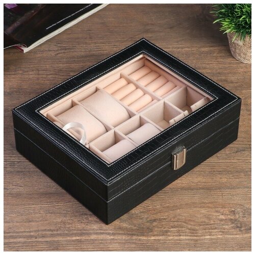 фото Шкатулка кожзам под часы 6 отделений и бижутерию "чёрная с белой строчкой" 7,7х25,5х20 см сувенирный ларец