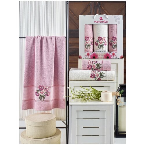 фото Подарочный набор полотенец для ванной 50х90(2), 70х140(1) merzuka emotion хлопковая махра светло-розовый merzuka (турция)
