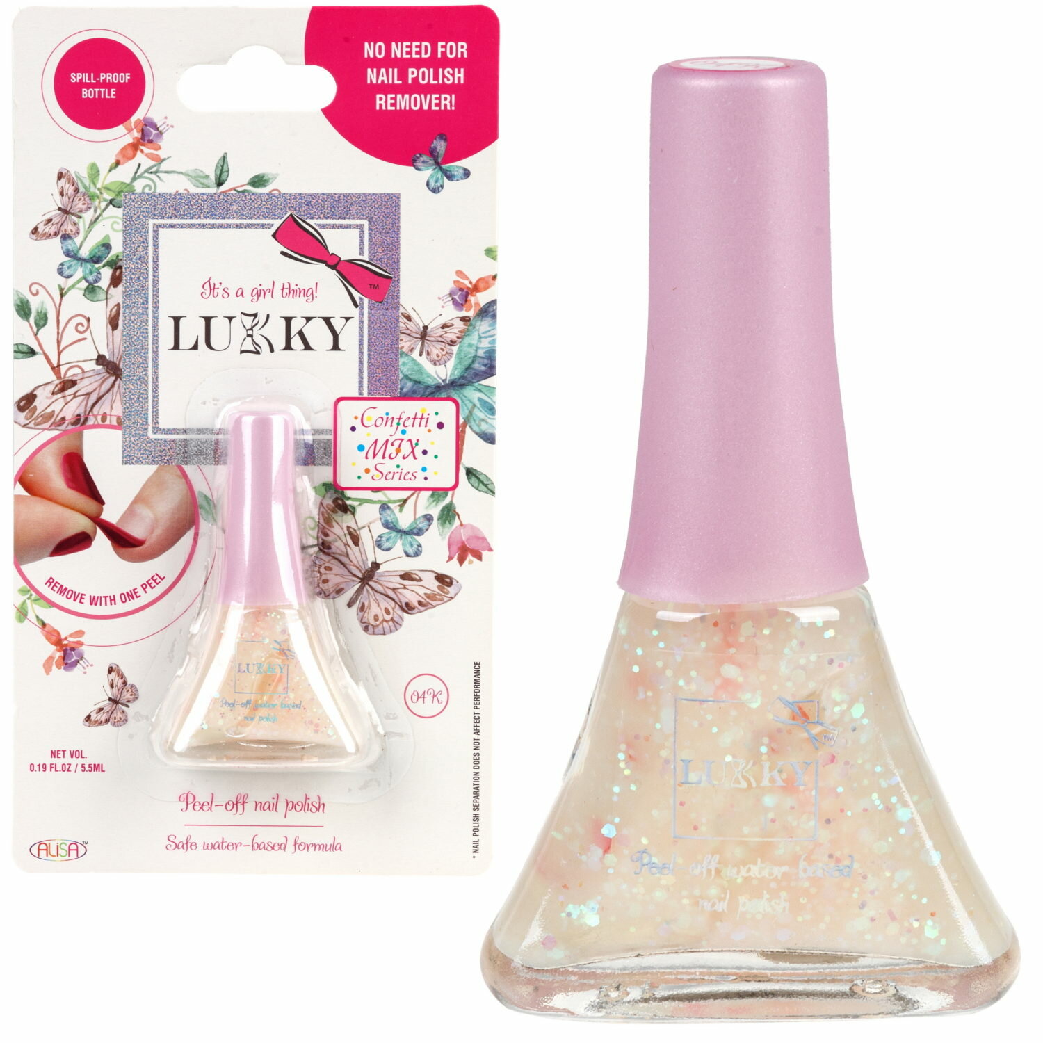фото Детский лак для ногтей на водной основе с блестками Lukky, Конфетти-Микс, безопасный, жемчужно-розовый микс с сердечками, блистер, 5,5 мл