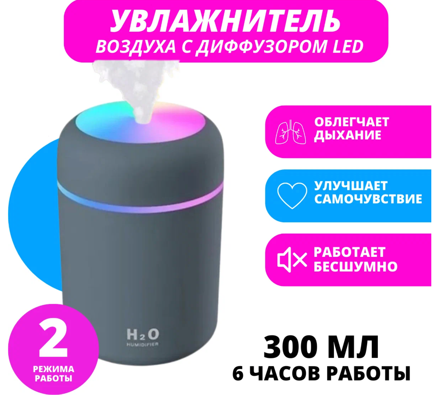 Аромадиффузор-ночник USB Colorful Humidifier H2O, серый