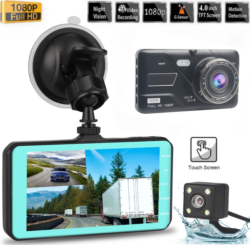 Автомобильный видеорегистратор, Full HD, 2 камеры, G-Sensor, ночное видение, чёрный