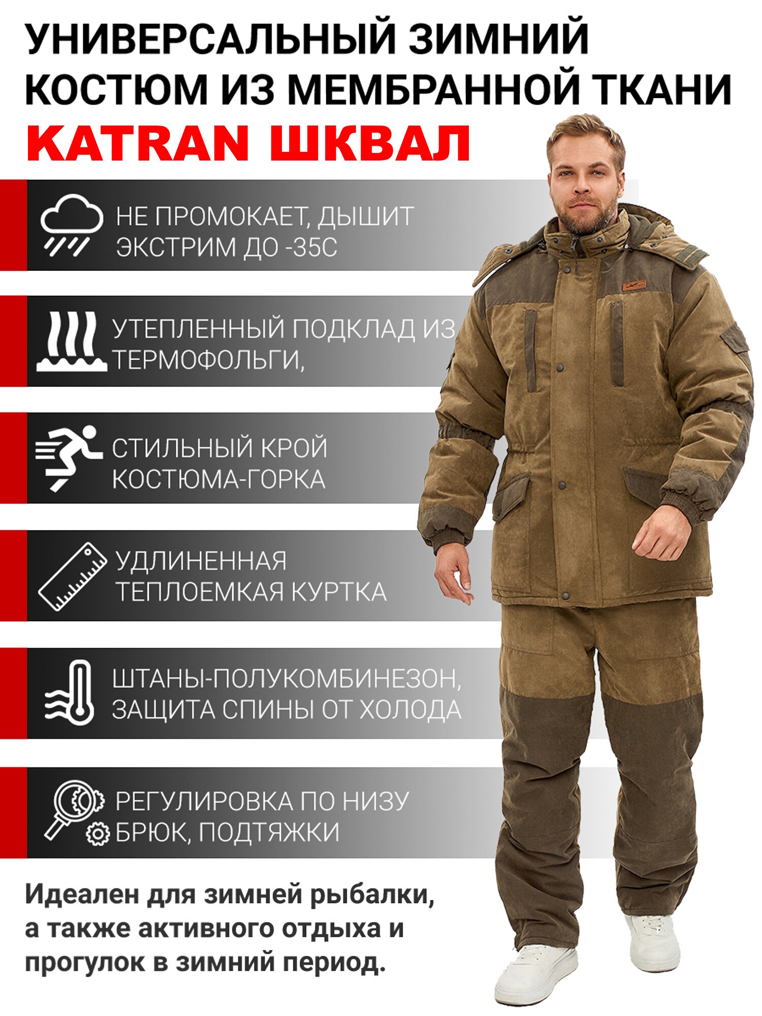 Зимний костюм для охоты и рыбалки KATRAN шквал -35°С (Финляндия хаки) полукомбинезон Размер: 56-58 Рост: 182-188