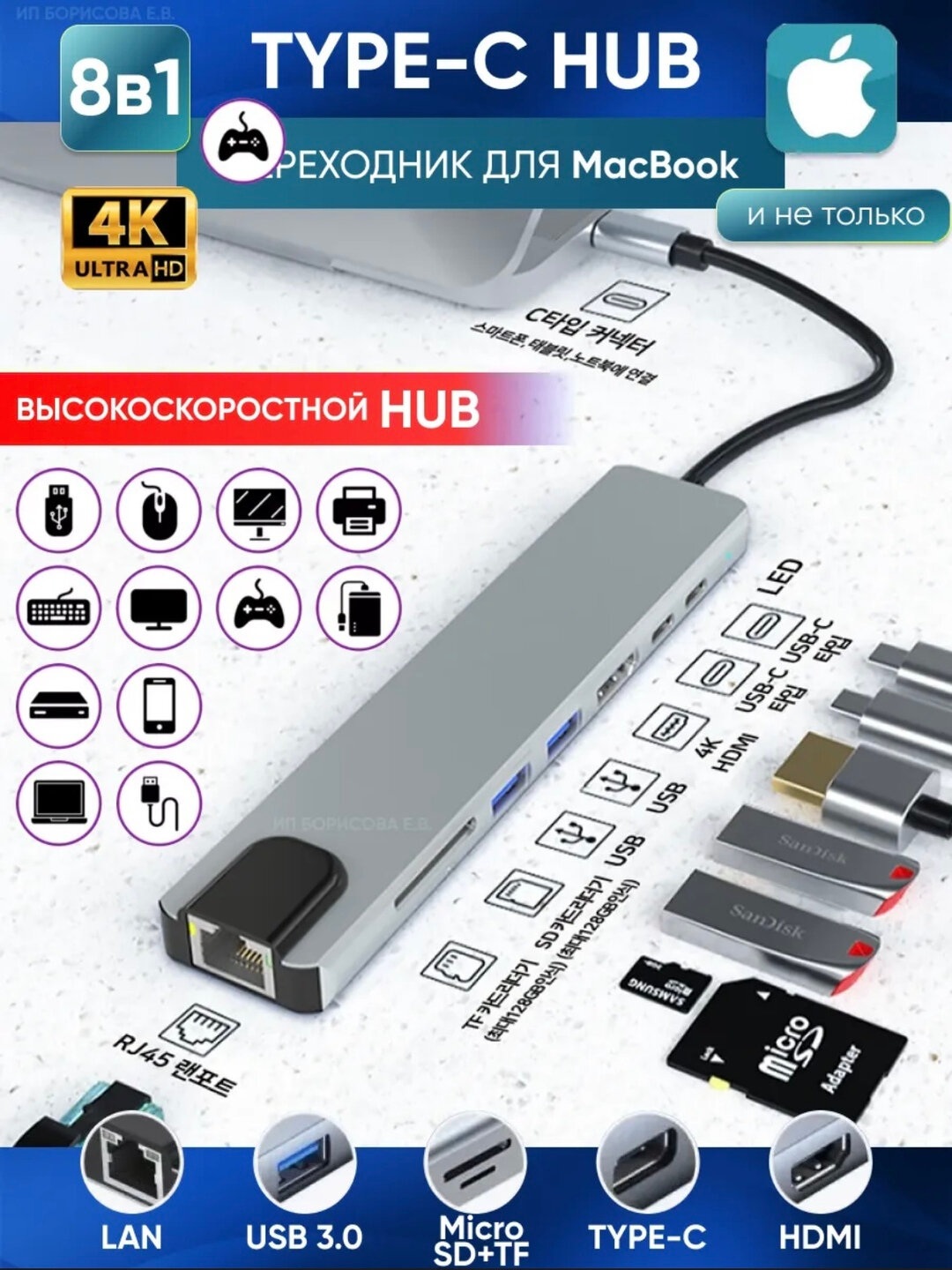 Type-C хаб 8 в 1, адаптер, переходник для Macbook, HDMI, USB, Type-C, MicroSD — фото 1