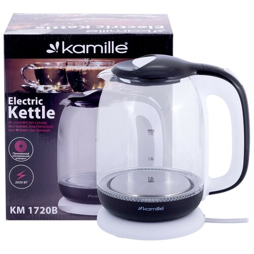 Чайник электрический 1,7 л. стеклянный Kamille KM-1720B (бело-чёрный) (6)