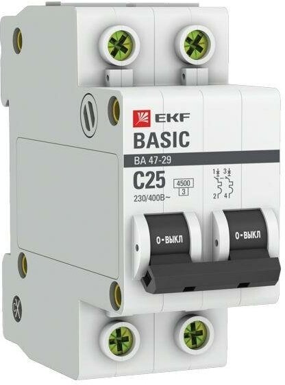 Выключатель автоматический модульный 2п C 25А 4.5кА ВА 47-29 Basic EKF mcb4729-2-25C (1 шт)