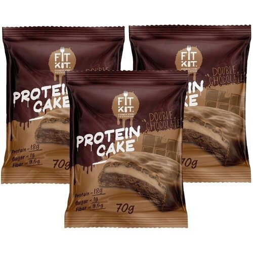 Fit Kit, Protein Cake, 3шт x 70г (двойной шоколад) печенье протеиновое с пониженной калорийностью protein rex cookiex2 ананас 2 шт