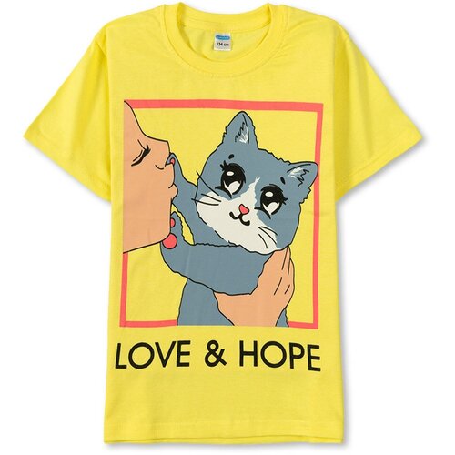 фото Футболка для девочки - жёлтый - котик , размер 134 sladik mladik