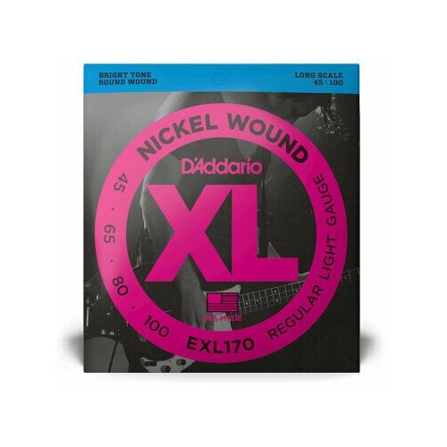 набор струн d addario xl nickel wound exl170 12 1 уп EXL170 XL NICKEL WOUND Струны для бас-гитары Long Regular Light 45-100 D`Addario