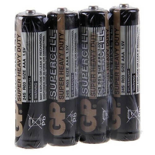 Батарейка солевая GP Supercell Super Heavy Duty, AAA, R03-4S, 1.5В, спайка, 4 шт. батарейка gopower r03 aaa bl4 heavy duty 1 5v 4 48 576 блистер 4 шт батарейка gopower r03 aaa 00 00015595