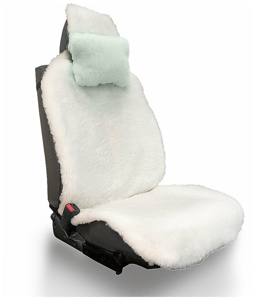 Комплект меховая накидка с подголовником на водительское автокресло или сиденье переднего ряда с подушкой для головы и шеи из белой овечьей шерсти
