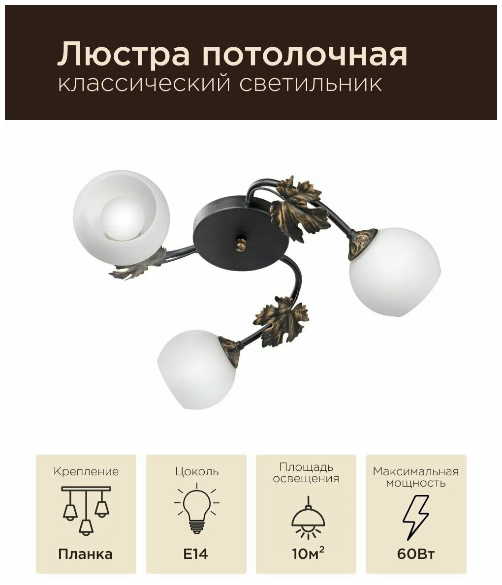 Люстра RS212/3B с листьями, классический светильник потолочный, освещение для дома, подвесная лампа для кухни, спальни, коридора, плафон стекло белый, D45*H30, 3xE14, 60Вт