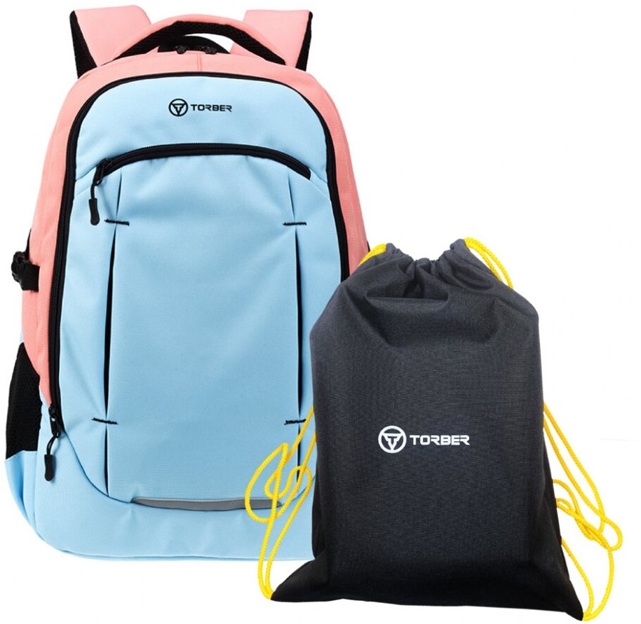 Школьный рюкзак TORBER CLASS X, розово-голубой, полиэстер 900D, 46x32x18 см, 21 л + Мешок для сменной обуви в подарок! TORBER T9355-22-PNK-BLU-M