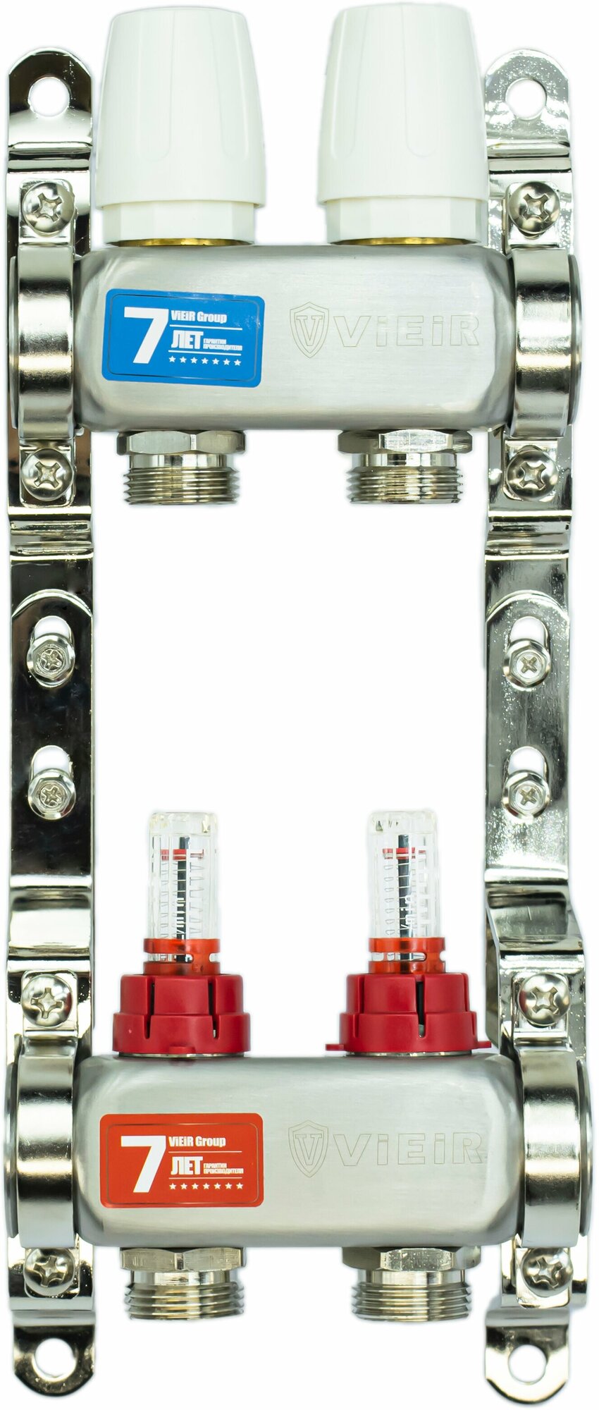 Коллектор теплого пола 2 выхода с расходомерами 1"x3/4" "ViEiR" Проходная коллекторная группа 2 контура