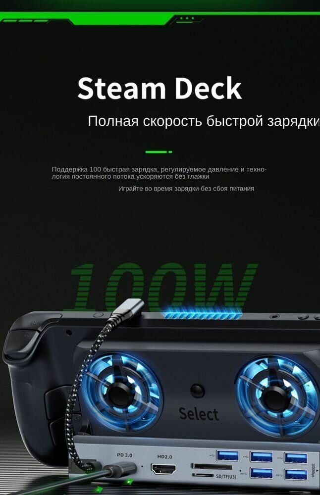 Док-станция Steam Deck с RGB подсветкой Охлаждающий вентилятор Зарядная база USB HDMI HD 4K60HZ 10 в 1