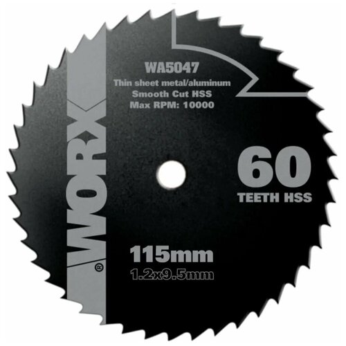 диск пильный worx 120х1 2х9 5мм твердосплавный Пильный диск по металлу Worx WA5047, 60T HSS 115х1,2х9,5 мм