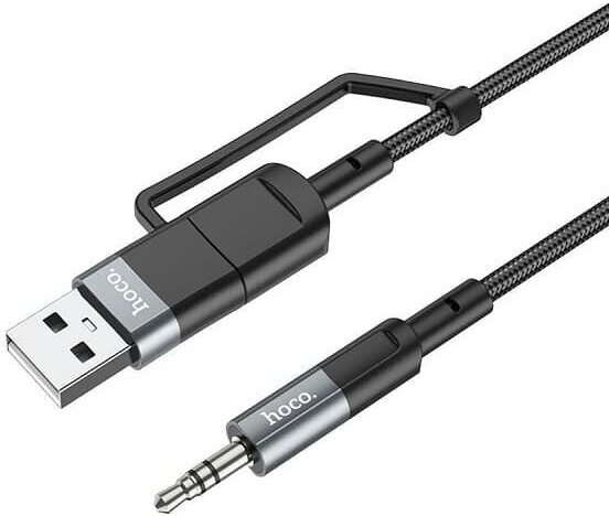 Кабель Aux - Type-C + USB 2 в 1 1м плетеный серый металл UPA23