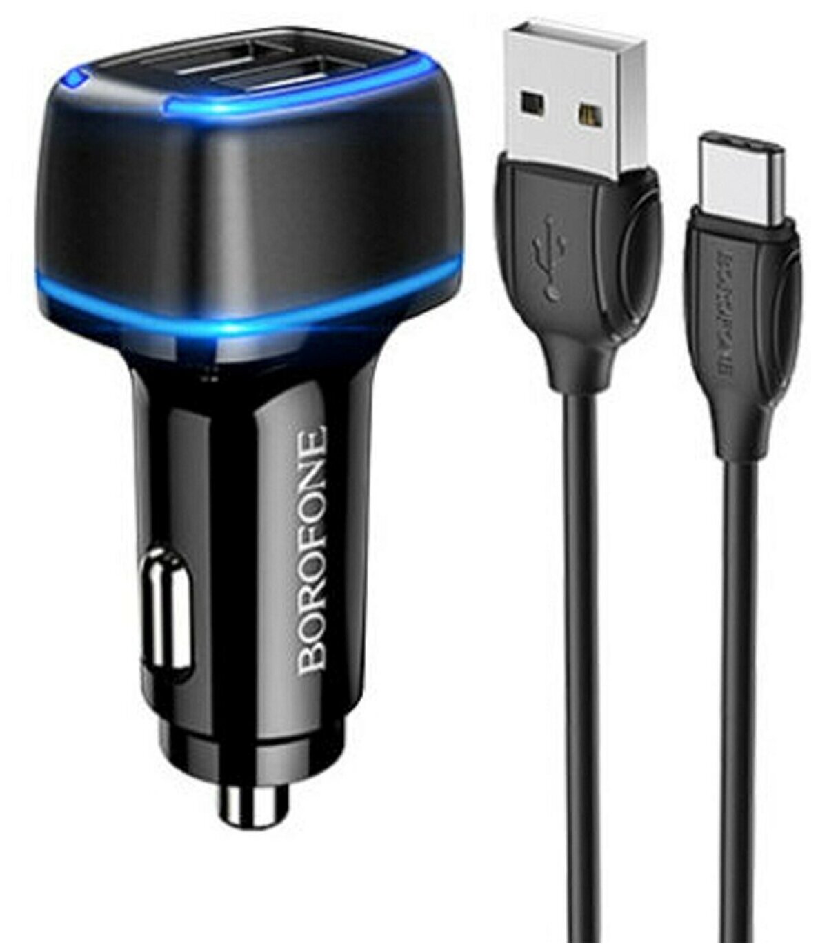 Блок питания автомобильный 2 USB Borofone, BZ14, Max, 2400mA, пластик, светодиодный, кабель Type-C, цвет: чёрный