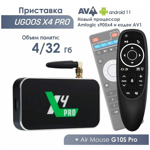 Комплект: Смарт ТВ приставка UGOOS X4 PRO 4/32 Гб Amlogic S905X4 Android 11.0 + Пульт c голосовым управлением G10S PRO Air Mouse