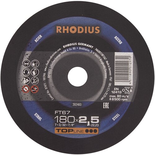 Отрезной прямой диск по стали RHODIUS из алюминиевого корунда для болгарки/УШМ, 180 х 2,5 х 22,2 мм