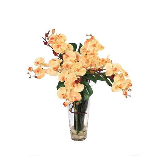 Искусственные цветы Орхидея с Сореллой и листьями Монстеры в стеклянной вазе с водой