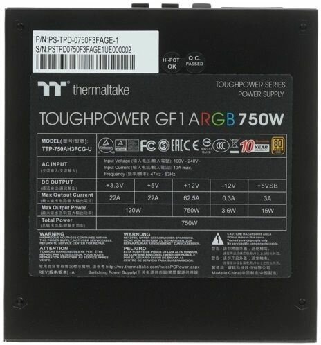 Блок питания THERMALTAKE Toughpower GF1 ARGB, 750Вт, 140мм, черный, retail [ps-tpd-0750f3fage-1] - фото №5