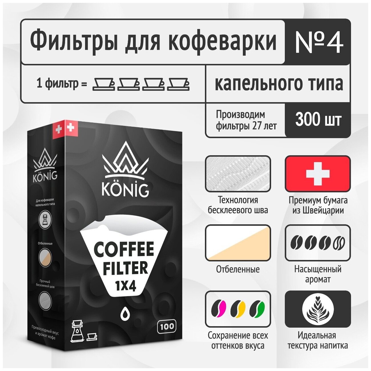 Фильтры бумажные для кофе, кофеварок, кофемашин белые KONIG №4 300 шт. - фотография № 1