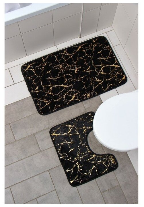 Доляна Набор ковриков для ванной и туалета Доляна «Мрамор», 2 шт, 79×50 см, 50×39 см, цвет чёрный