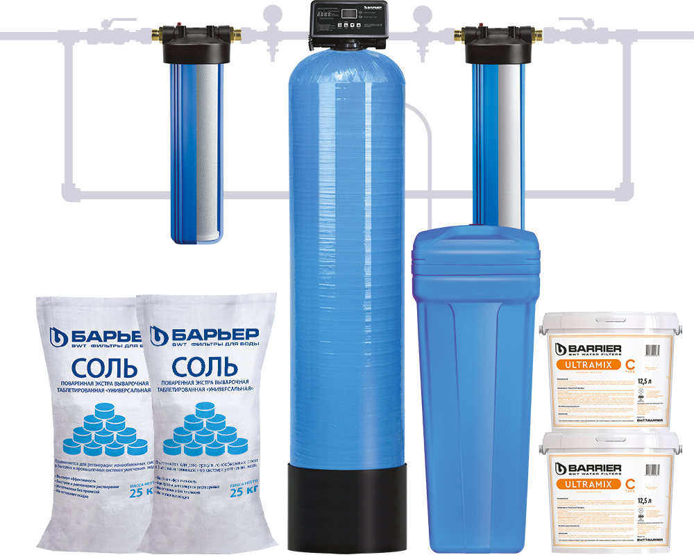 Комплект коттеджной системы Barrier Ace Ecomix C 1,2 (обезжелезивание и умягчение воды) соль в комплекте EcomixC