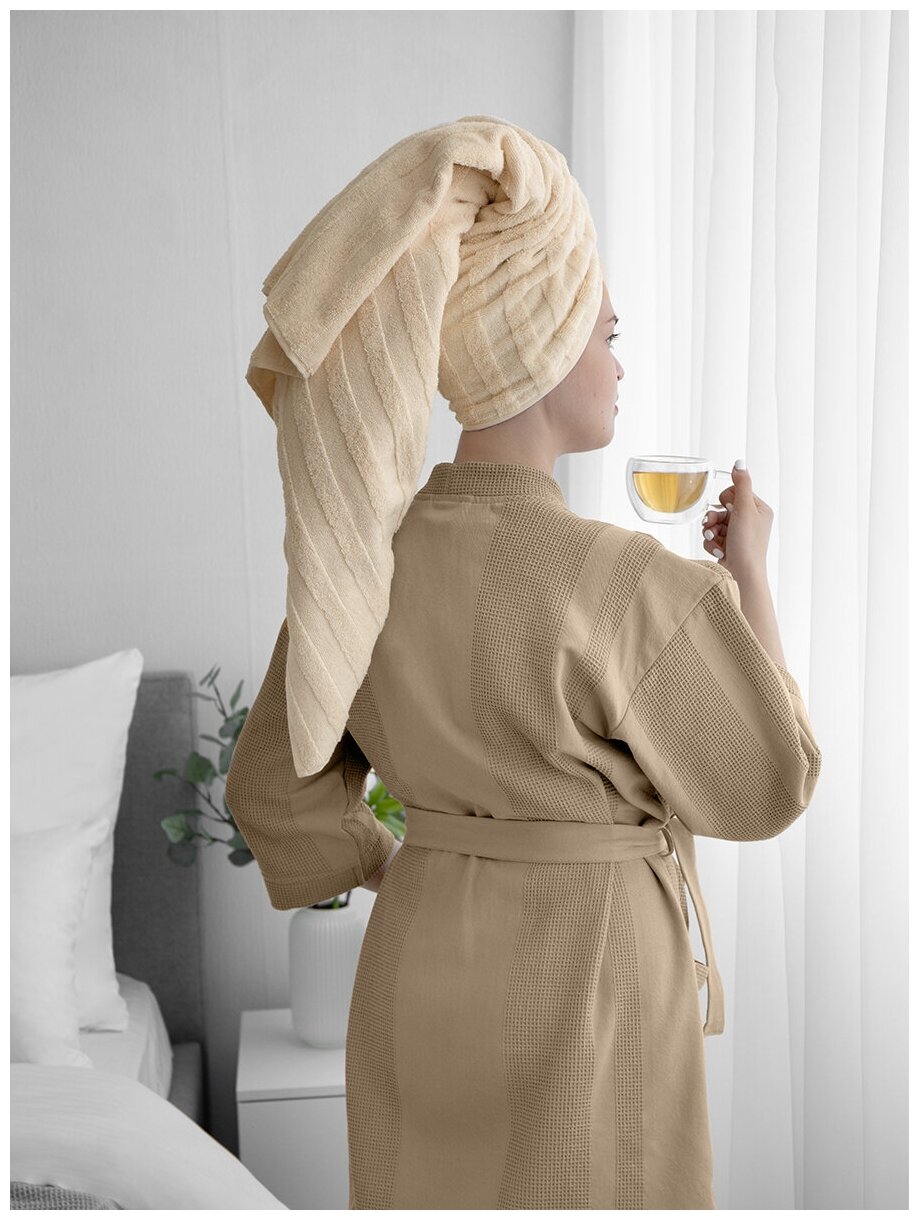 Вафельный халат LOVEME женский домашний и банный, размер XL, длина миди, цвет бежевый (капучино) - фотография № 8