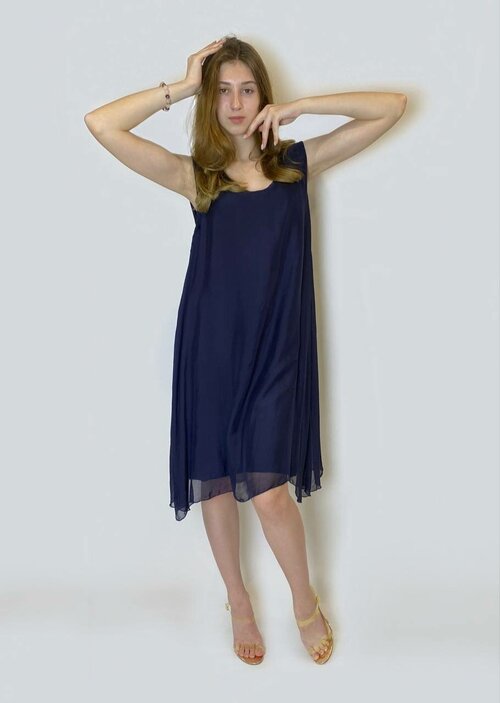 Платье годе трапециевидный силуэт, до колена, открытая спина, размер XL, синий