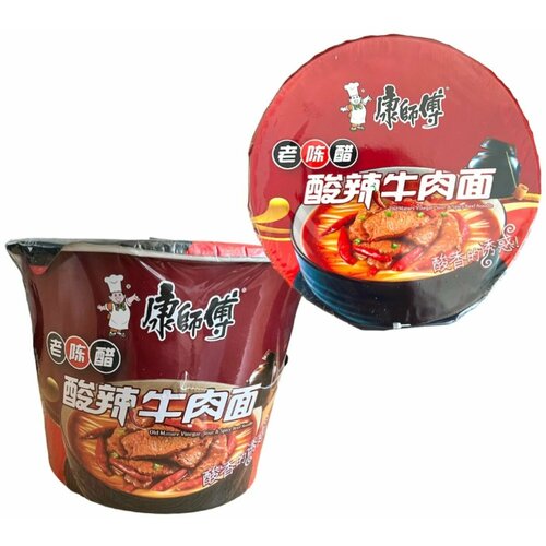 Китайская лапша быстрого приготовления кисло-острая с говядиной упаковка 2 шт / коричневая