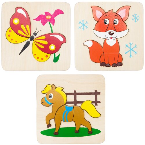 фото Пазл-вкладыш, для детей, для ребенка, деревянный, набор "бабочка +лиса +лошадка" на базар