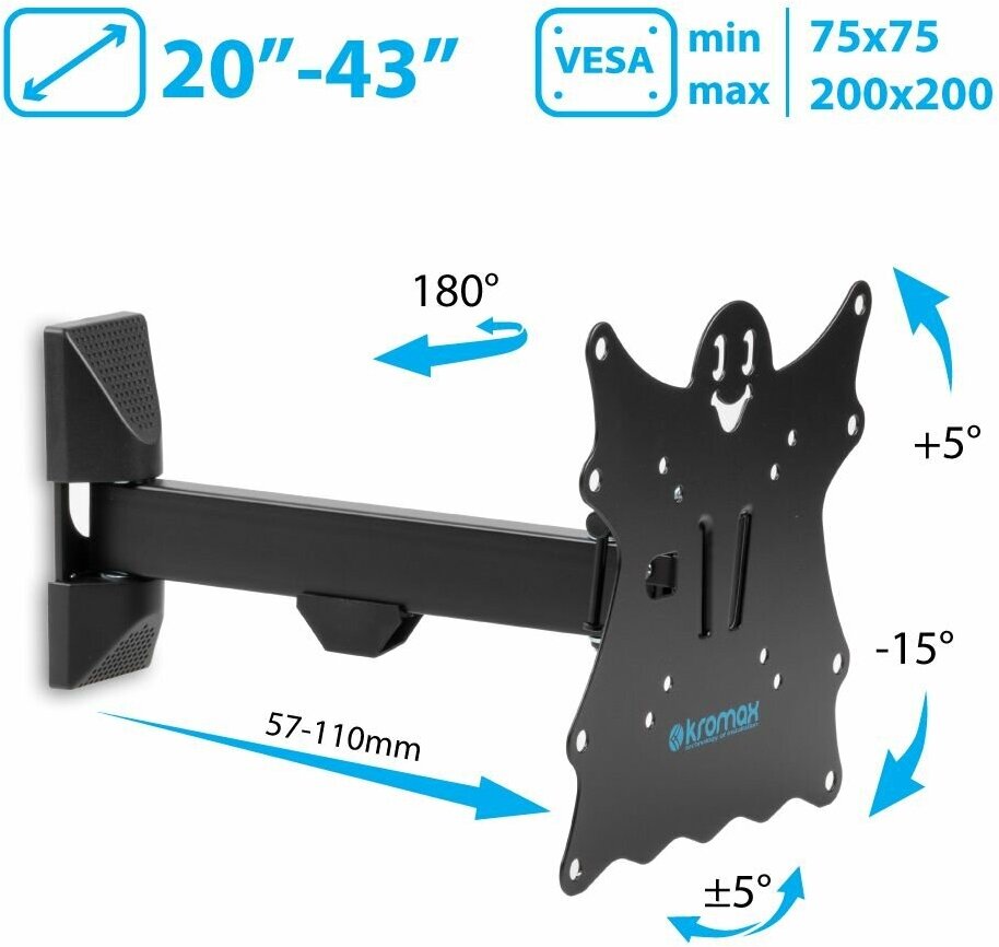 Кронштейн для телевизора на стену / крепление наклонно-поворотное Kromax CASPER-203 / до 43 дюймов / vesa 200x200