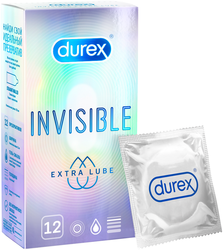 Презервативы Durex Invisible Extra Lube из натурального латекса ультратонкие 12 шт