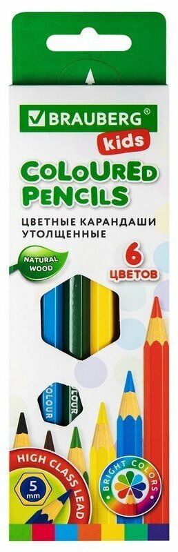 Карандаши цветные утолщенные BRAUBERG KIDS 6 цветов, грифель 5 мм, 181877