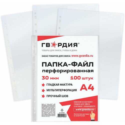 Папки-файлы гвардия перфорированные, А4, гладкие, 30 мкм, 100 шт (227524)