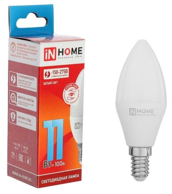 Лампа светодиодная IN HOME LED-СВЕЧА-VC , Е14, 11 Вт, 230 В, 4000 К, 990 Лм