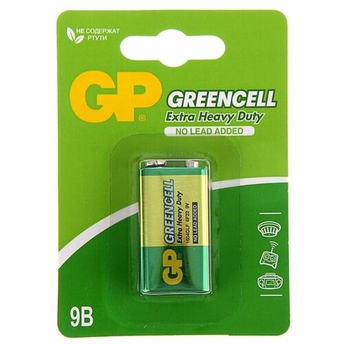 GP Батарейка солевая GP Greencell Extra Heavy Duty, 6F22-1BL, 9В, крона, блистер, 1 шт.