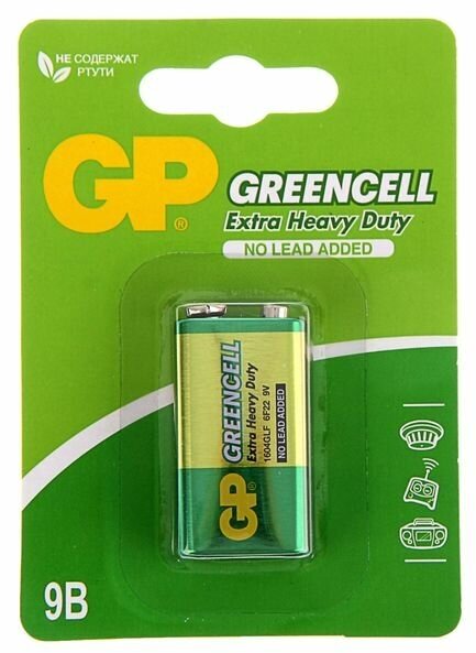 Батарейка солевая Greencell Extra Heavy Duty, 6F22-1BL, 9В, крона, блистер, 1 шт.