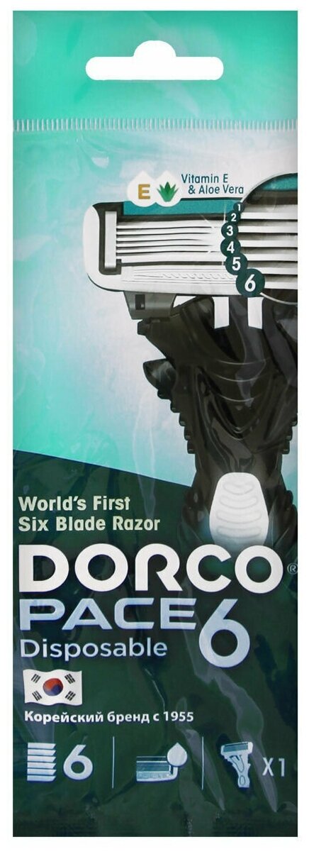 Dorco Одноразовый бритвенный станок мужской 6-ти лезвийный с плавающей головкой PACE 6, 1шт