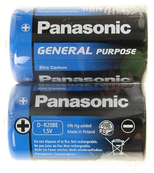 Panasonic Батарейка солевая Panasonic General Purpose, D, R20-2S, 1.5В, спайка, 2 шт.