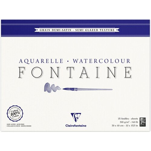 Альбом для акварели, 25л, 30*40, на склейке Clairefontaine Fontaine Demi-satiné, 300г/м2, горяч. пресс, полу-сатин