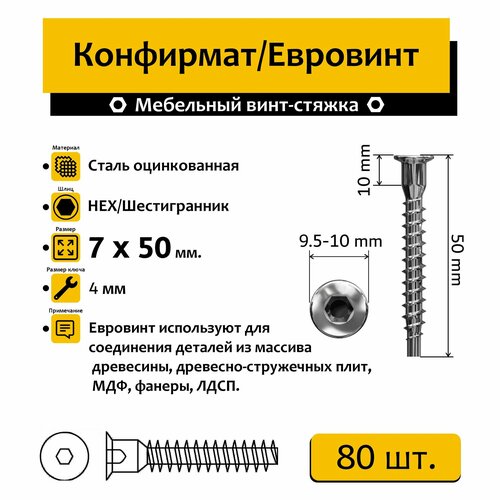 Конфирмат/Евровинт 7х50мм 80 шт.