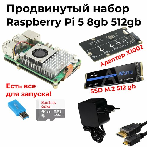 Продвинутый набор Raspberry Pi 5 8GB с ssd (nvme 2280) 512gb и x1002 набор комплект raspberry pi 5 8gb micro sd 64gb блок питания от rpi 27w металлический корпус микрокомпьютер расберри